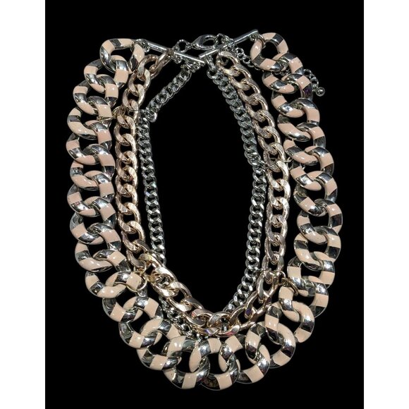 Metallic Statement Necklace Silver And Gold Tone With Pink Painted Stripes - Picture 1 of 6